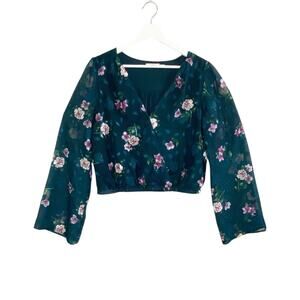 Mi Ami Top Womens Medium Floral Faux Wrap Blouse Sheer Kimono Sleeve Green Pink